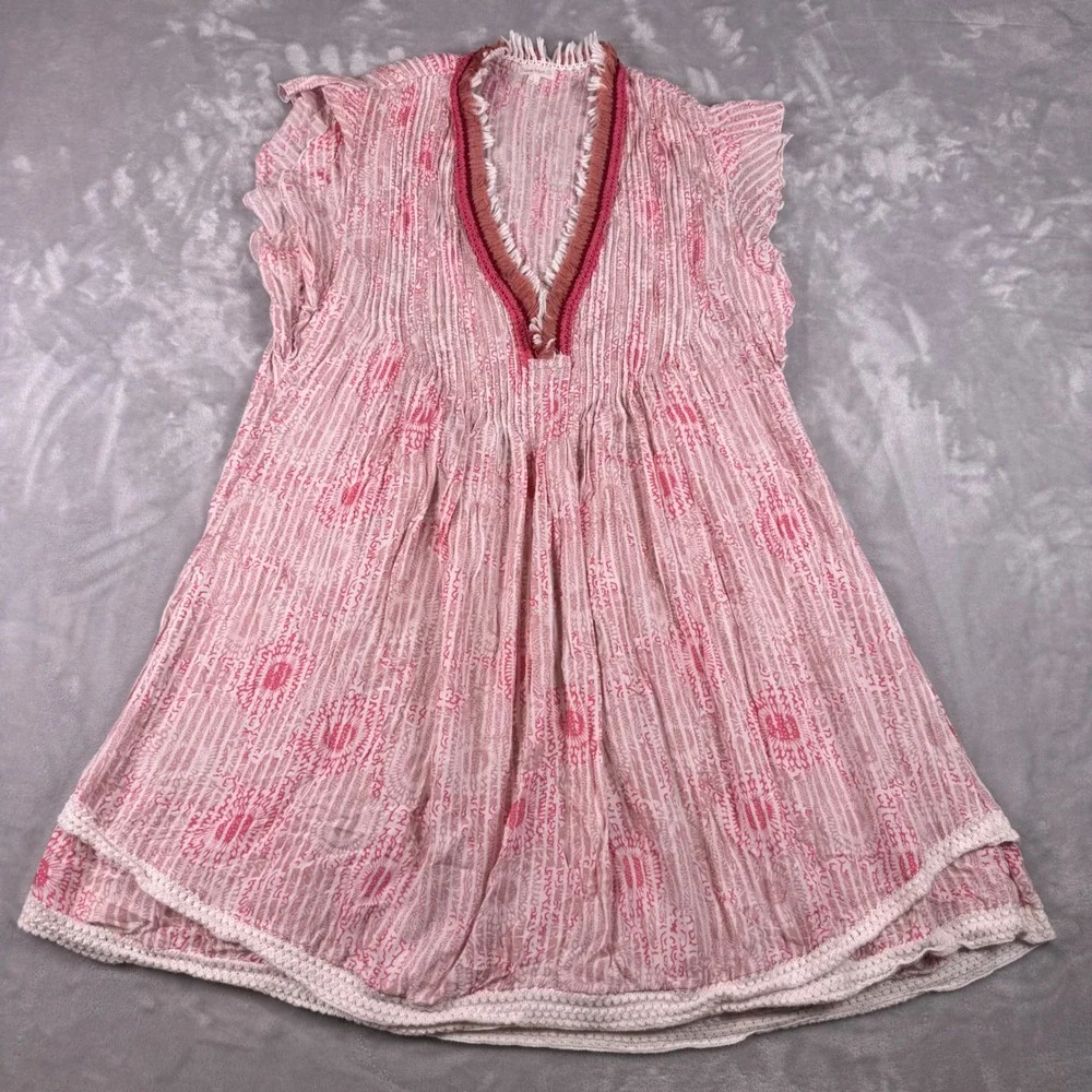 Poupette St Barth Pink Batik Print Fringe V-Neck Mini Dress Womens Large L Boho